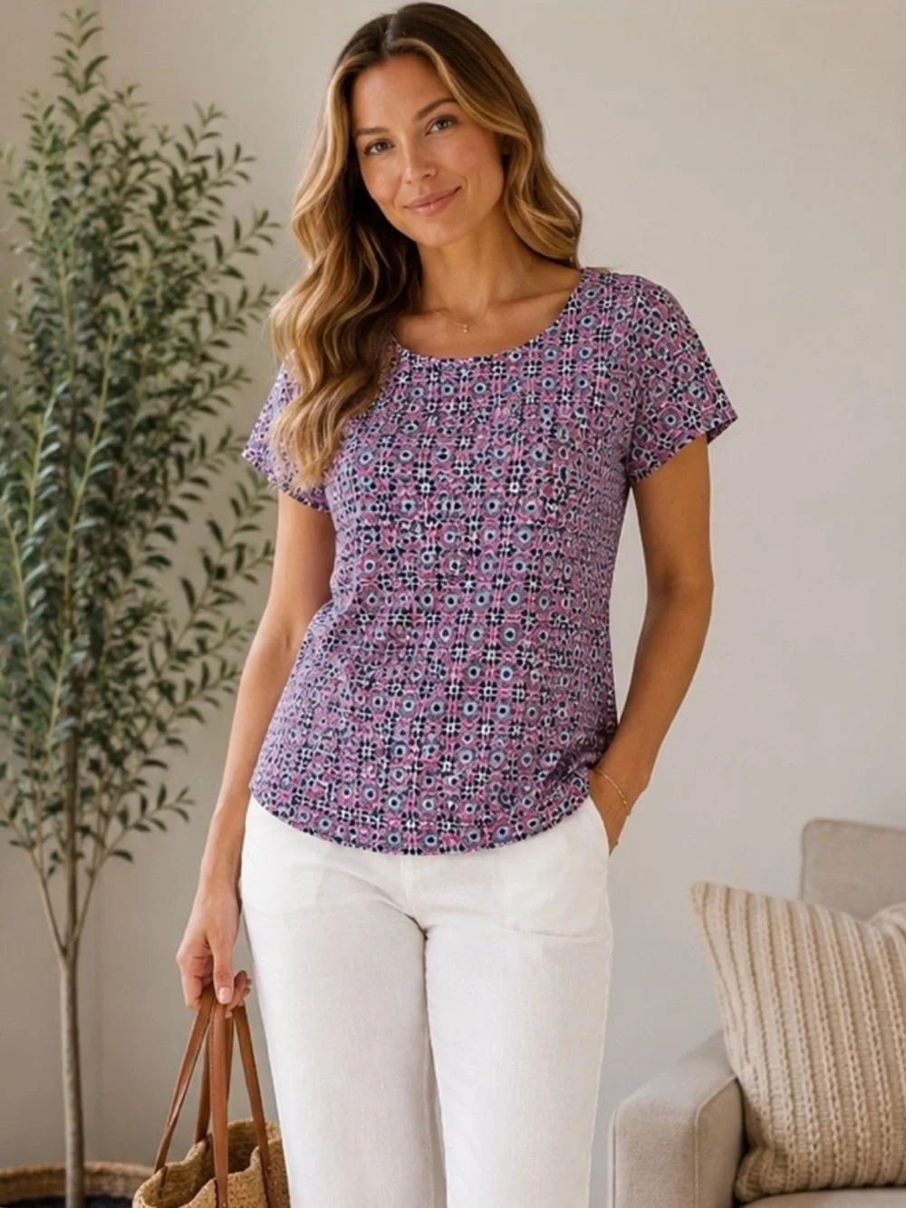 J. Crew Pink and Navy‎ Diamond Pattern Blouse - Size XS